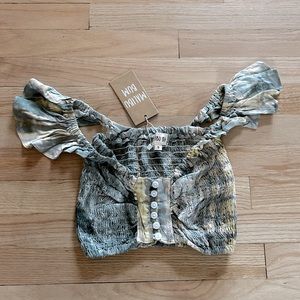 NWT! Malibu Bum crop top with stretch, blue/green faded tie dye print, size XS-S